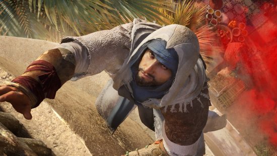 Ubisoft devs urged to strike following Yves Guillemot remarks. A cloaked assassin, Basim from AC Mirage, climbs a ladder