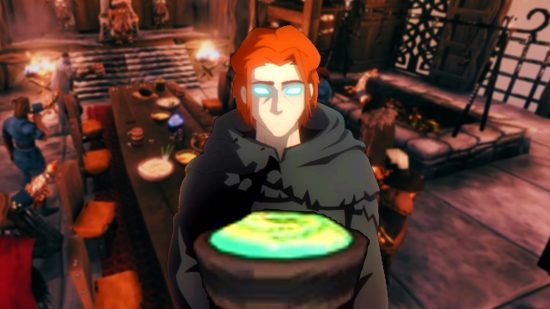 Valheim mod 'Valheim Cuisine' - a red-haired figure in a hood stands before a bowl of green and yellow 'Yggdrasil Porridge' in a large banquet hall