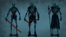 Valheim next biome: Three skeletons with red glowing eyes, the first has a long sword, the second has twin shortswords and a loincloth, and the third carries a magical staff