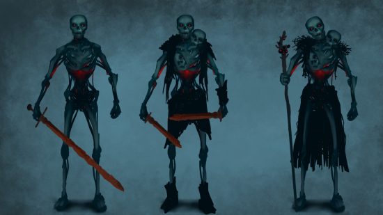 Valheim next biome: Three skeletons with red glowing eyes, the first has a long sword, the second has twin shortswords and a loincloth, and the third carries a magical staff