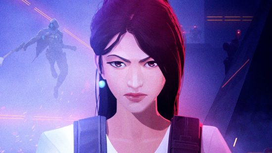 New Valorant bundle includes cutest gun buddy of all time: A woman with black hair in a ponytail with her fringe covering her face looks into the camera on a deep blue and red background
