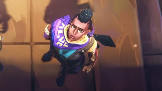 Valorant patch notes - 6.1 update fixes Lotus bugs, drops Replication: A black woman with a deadlock mohawk and gold nose piercing wearing purple and gold cloaklike armour looking up at the camera