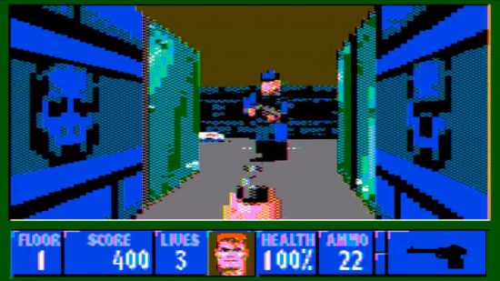 Wolfenstein 3D CGA mod: A German soldier appears in a version of Wolfenstein 3D rendered in chunky composite CGA graphics