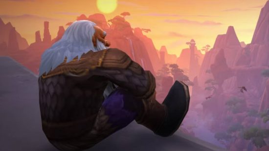 WoW Dragonflight's most beloved quest once looked very different: A dwarf with long silver hair looks out at a sunset over a mountain range with his arms cupped around her knees