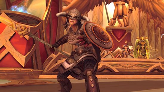 WoW Dragonflight patch 10.0.5's best nerf shuts up an annoying NPC: A Norse-looking warrior with leather armour and a horned helmet holds a spear and a shield standing on a golden background
