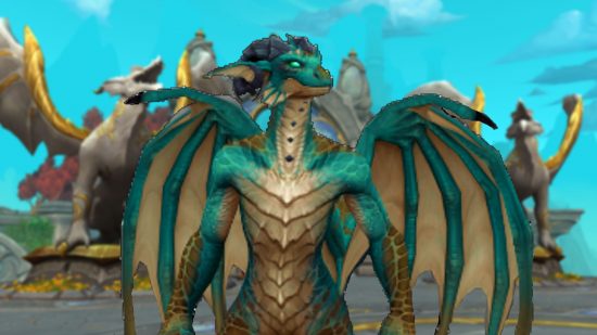 Wow Dragonflight - Un dracthyr de couleur turquoise se dresse près du Ruby LifeShrine