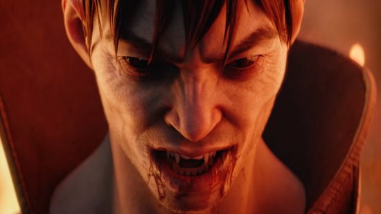 Xbox Showcase: A youthful-looking vampire with black eyes sneers as blood runs down his chin in Redfall
