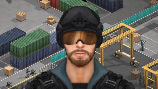 Xenonauts 2 Early Access: A soldier in black tactical gear is seen close-up in front of a backdrop showing an isometric view of a dockyard where a turn-based battle is taking place between human forces and alien invaders