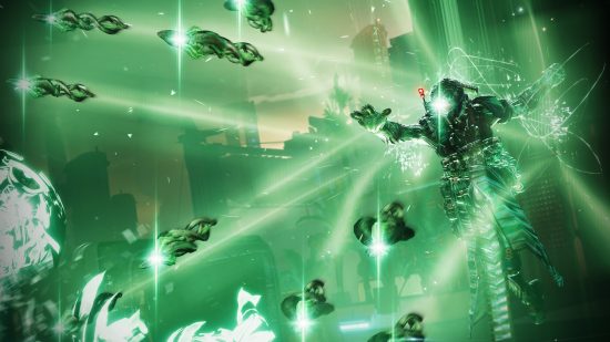 destiny 2 error codes: a futuristic soldier is surrounded by bright green projectiles