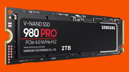 A Samsung 980 Pro 2TB SSD against an orange background