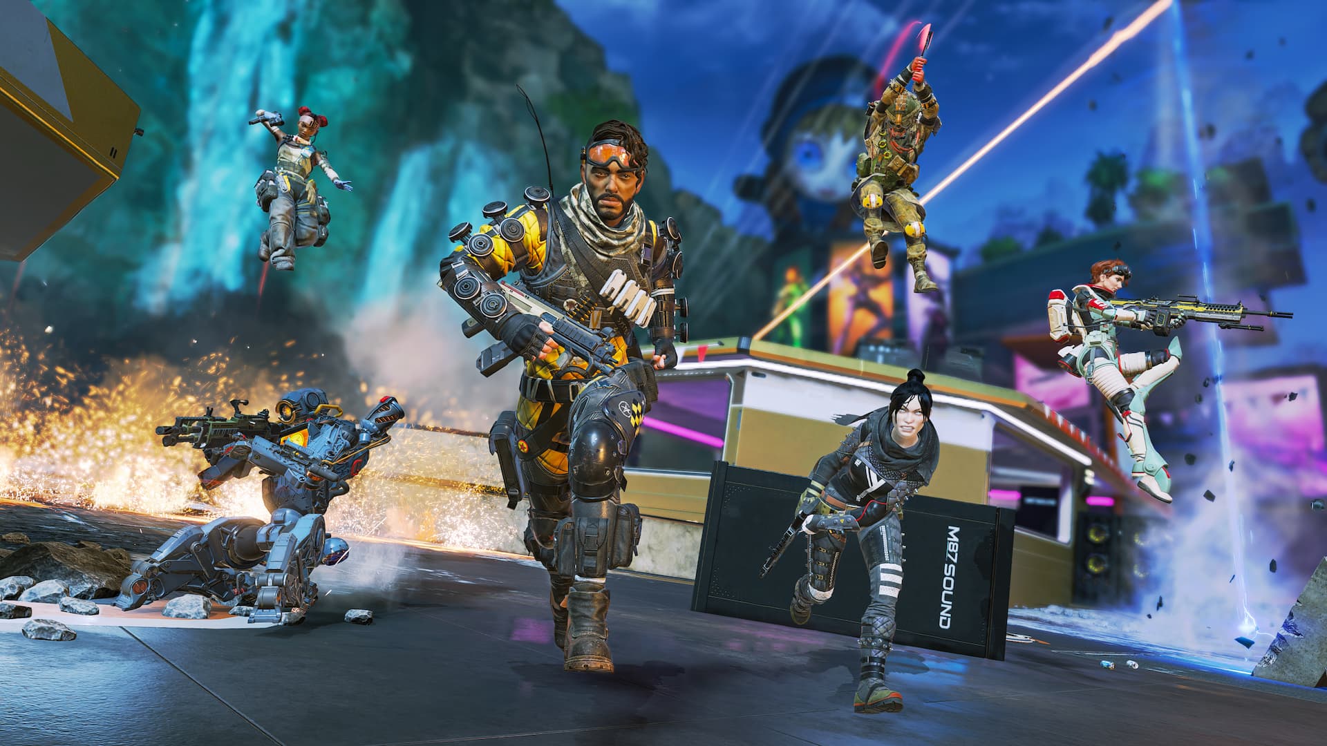 Apex Legends Season 16 overhauls classes, skips adding new character: six teammates with weapons charging on a battlefield