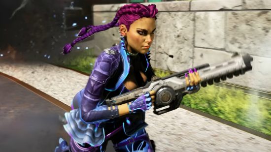 Apex Legends Season 16 Deathmatch mode has been fixed already: A tanned woman with purple hair in two braids and a purple leather outfit runs holding a huge gun