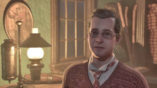 Best Hogwarts Legacy brooms upgrades - Albie Weeks is a bespectacled young man in a warmly lit broom shop.