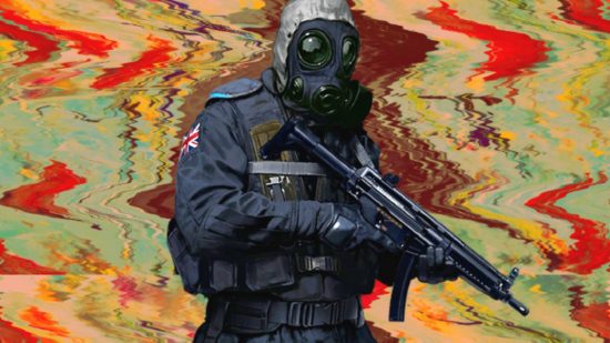 O CSGO ainda é o rei dos jogos de FPS, mesmo em 2023: um soldado em equipamento de combate preto com uma máscara de gás funcionando em um fundo ondulado