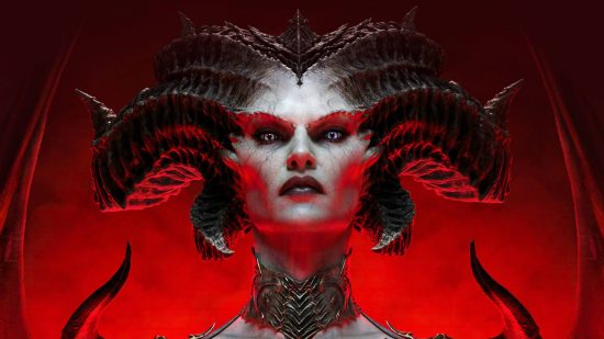 Diablo 4 meets Milan Fashion Week in bizarre Lilith collab: A woman with long curving horns, dark eyes and lips with pale skin on a red background