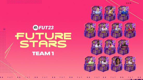 FIFA 23 Будущие звезды: группа футбольных карточек на ярко-розовом фоне