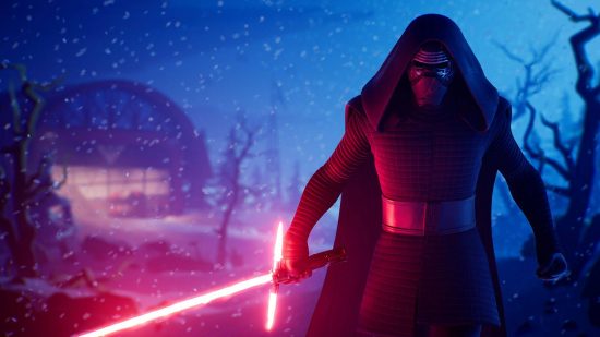 Fortnite Chapter 4 Season 2 release date - Kylo Ren menacingly drives outside a hangar with his lightsaber drawn.