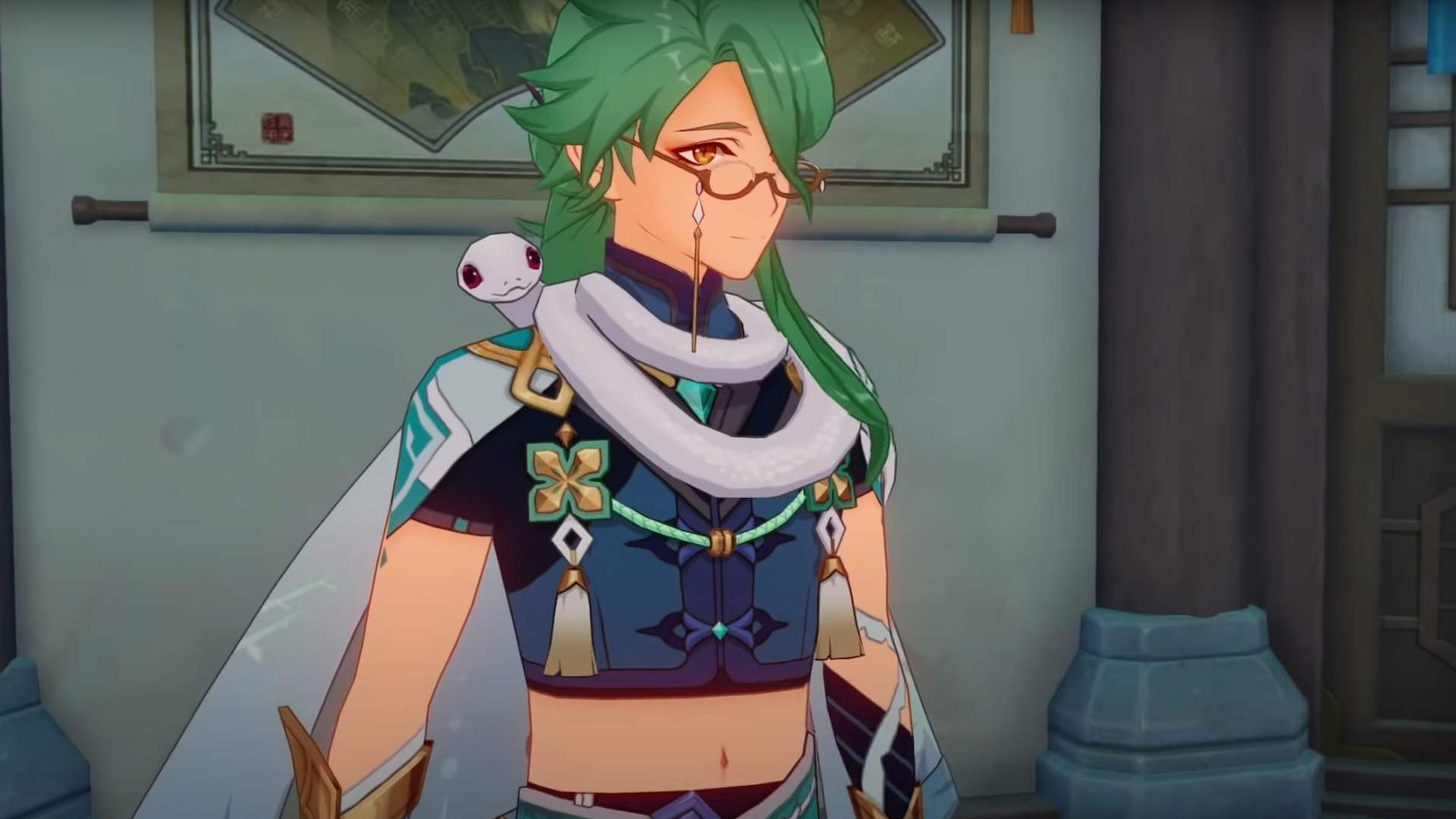 Genshin Impact leaks say Baizhu isn't a healer, despite being a doctor: anime man with green hair and white snake
