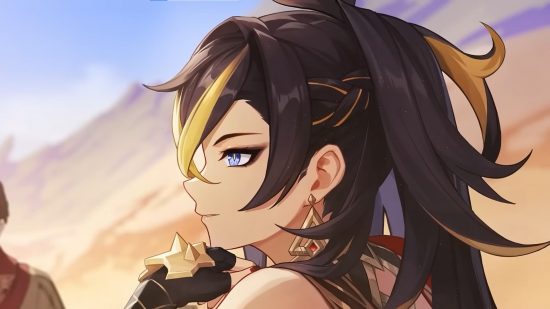 Genshin Impact fans donate thousands to charity thanks to Dehya teaser: anime girl with brown hair and blue eyes in the desert