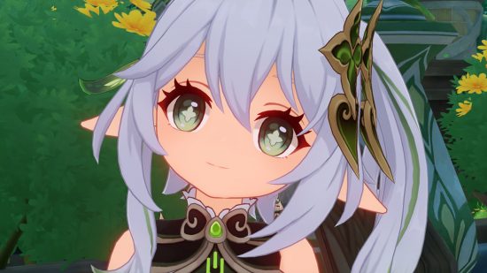 Genshin Impact 3.5 makes Sumeru Serenitea Pot treehouse less annoying: anime girl with white hair and green eyes smiling