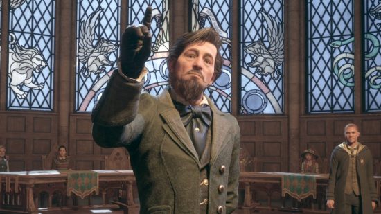 Hogwarts Legacy Black family motto - Professor Black is pointing at the sky as he addresses the school in front of a stained glass window.