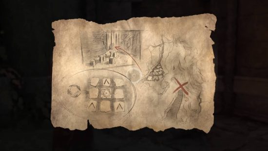 Hogwarts Legacy Cursed Tomb Treasure - a map showing the location, the area, and the puzzle for the Cursed Tomb treasure.