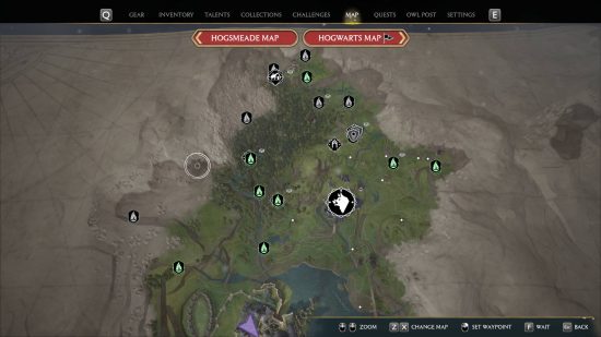 Hogwarts Legacy Floo Flame Fast Travel - uma vista de algumas das regiões do mapa do mundo