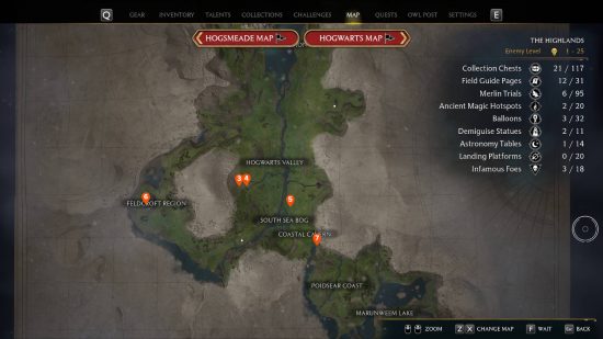 Hogwarts Legacy Infamous Foes - a map showing the middle regions with some pins showing the Infamous Foes locations.