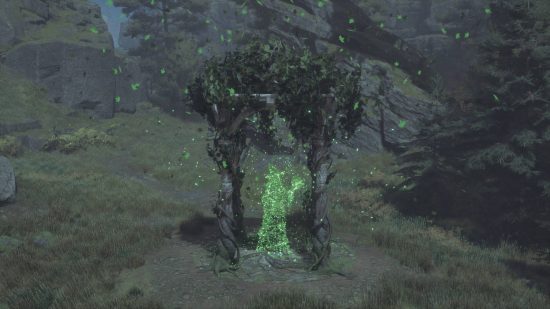 Hogwarts Legacy Merlin試驗 - 解決的Merlin試驗豎立了一個小神社，其中有葉片的綠葉圖像出現。