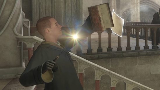 Hogwarts Legacy flying pages - a Hufflepuff student sealing a page into his field guide.