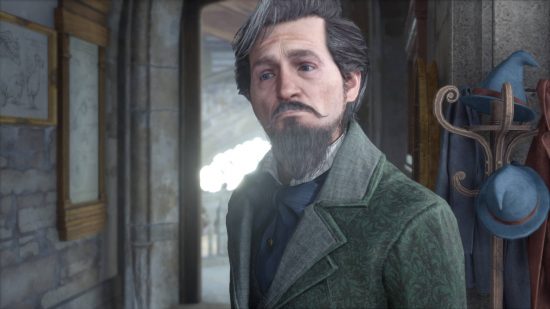 Hogwarts Legacy Key of Admittance - Professor Black has a stern look on his face. He's wearing a green jacket and a blue cravat.