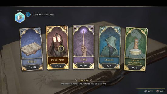 Hogwarts Legacy respec - the talent points menu. The cursor is on the Dark Arts category.