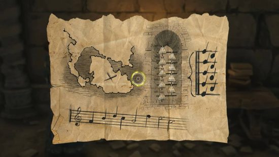 Hogwarts Legacy Solved by the Bell - a musical map showing a location, some bells, and some musical notes.