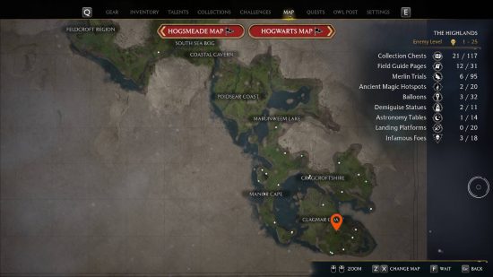 Hogwarts Legacy diselesaikan oleh loceng - peta dengan pin oren yang menunjukkan lokasi loceng untuk diselesaikan oleh teka -teki loceng