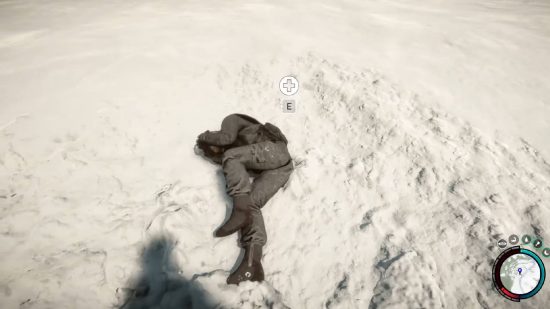 Los hijos del bosque pueden morir Kelvin: Kelvin se está retorciendo en la nieve debajo del jugador. Él tiene un dolor obvio