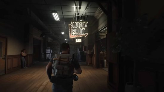 The Day Before release date - a man running towards a neon sign that reads Lucky Shot bar. A woman is stood in the corner with her arms crossed.
