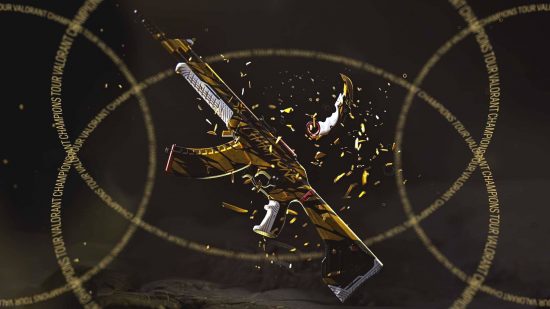 If you want to hit Radiant in Valorant, you need the Vandal: A Valorant Vandal rifle suspended against a marbled black background with golden text circling it that reads 'Valorant Champions Tour'
