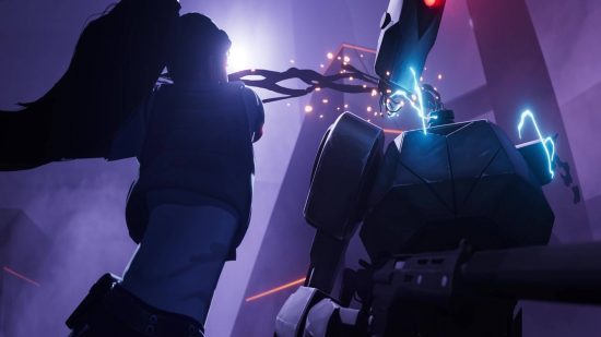 A woman with a black ponytail attacks a robot