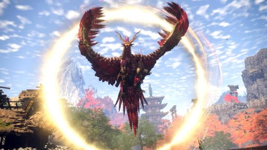 Wild Hearts monsters list - Amaterasu is a giant fire bird that controls sunlight and fire. It's flapping its wings while producing an orange circular glow.