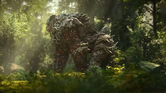 Wild Hearts monsters list - a large ape creature walking through the forest. Its arms are sizzling.