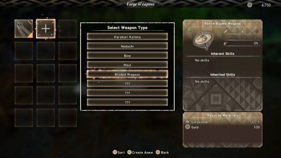 Wild Hearts weapon types - the weapon type selection screen. Some weapons are not available yet.