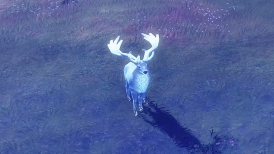 Age of Empires 4 Season 4 Enchanted Grove: A majestic white stag with huge white antlers stands in a meadow in the purple twilight.