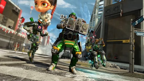 Apex Legends Season 16 Steam player count: Three legends wearing green hip-hop themed skins dance in the street with an old-school boom box