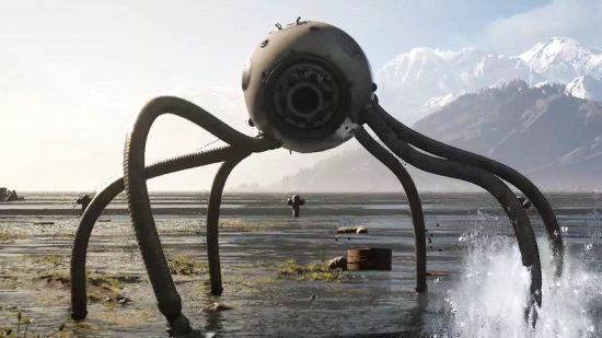 Atomic Heart bosses: Dewdrop, an octopus-like robot that balances using its long tentacles, kicks up water as it walks along the shoreline.
