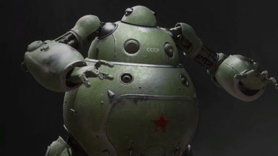Atomic Heart bosses: Natasha, the green tank-like humanoid robot, advances upon her opponent, arms outstretched.