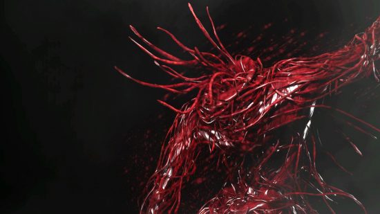 Atomic Heart bosses: Plyusch, an advanced organic mutation, rears back onto its hind legs, viscera seeping from the vines that cover its humanoid form.