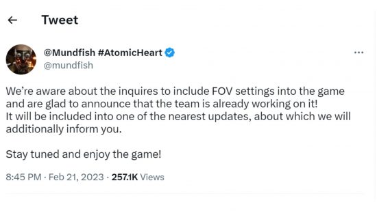 Official Atomic Heart FOV fix addressed by FPS game dev Mundfish