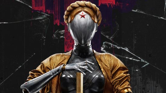 Atomic Heart's first five hours leaked, so mute your socials: A robotic woman with a silver face and golden braided hair wearing a tanned shirt looks into camera with a red star on her forehead
