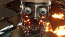 Atomic Heart review: a malfunctioning robot exposes the mechanics behind its humanoid face as an explosion occurs in the background
