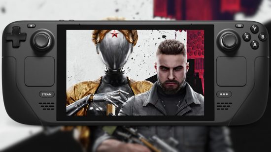 Is Atomic Heart Steam Deck compatible: Key art from the FPS game, in which the protagonist (right) stands next to a metallic robot (left)